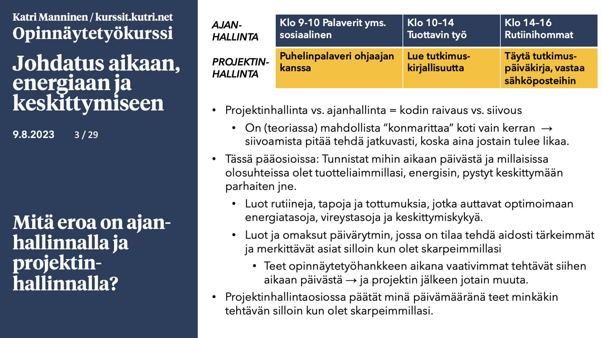Ajan, energian ja keskittymisen ja projektinhallinta -osiot + kirjoituskahvit (10.8.2023)