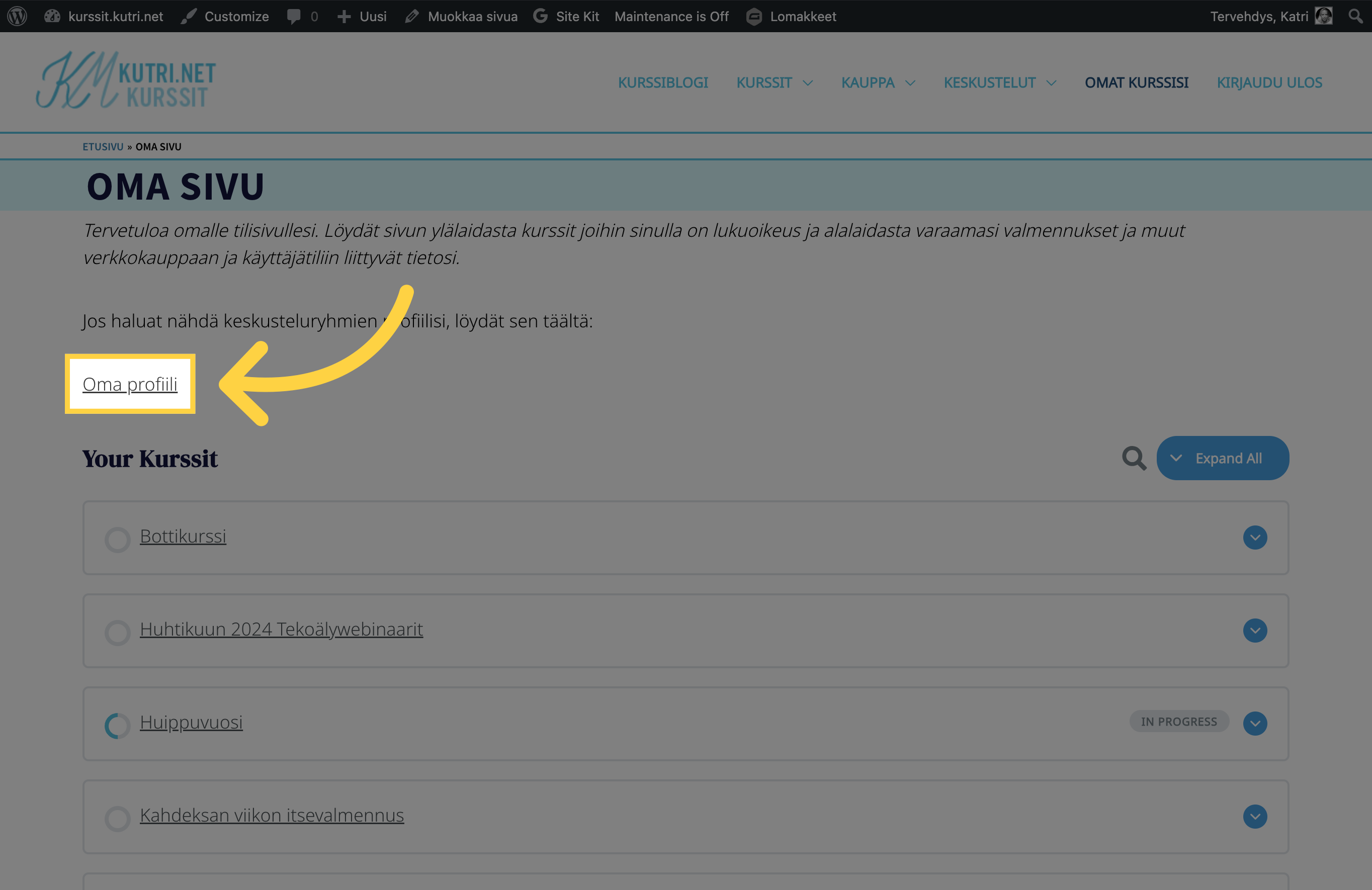Klikkaa 'Oma profiili'