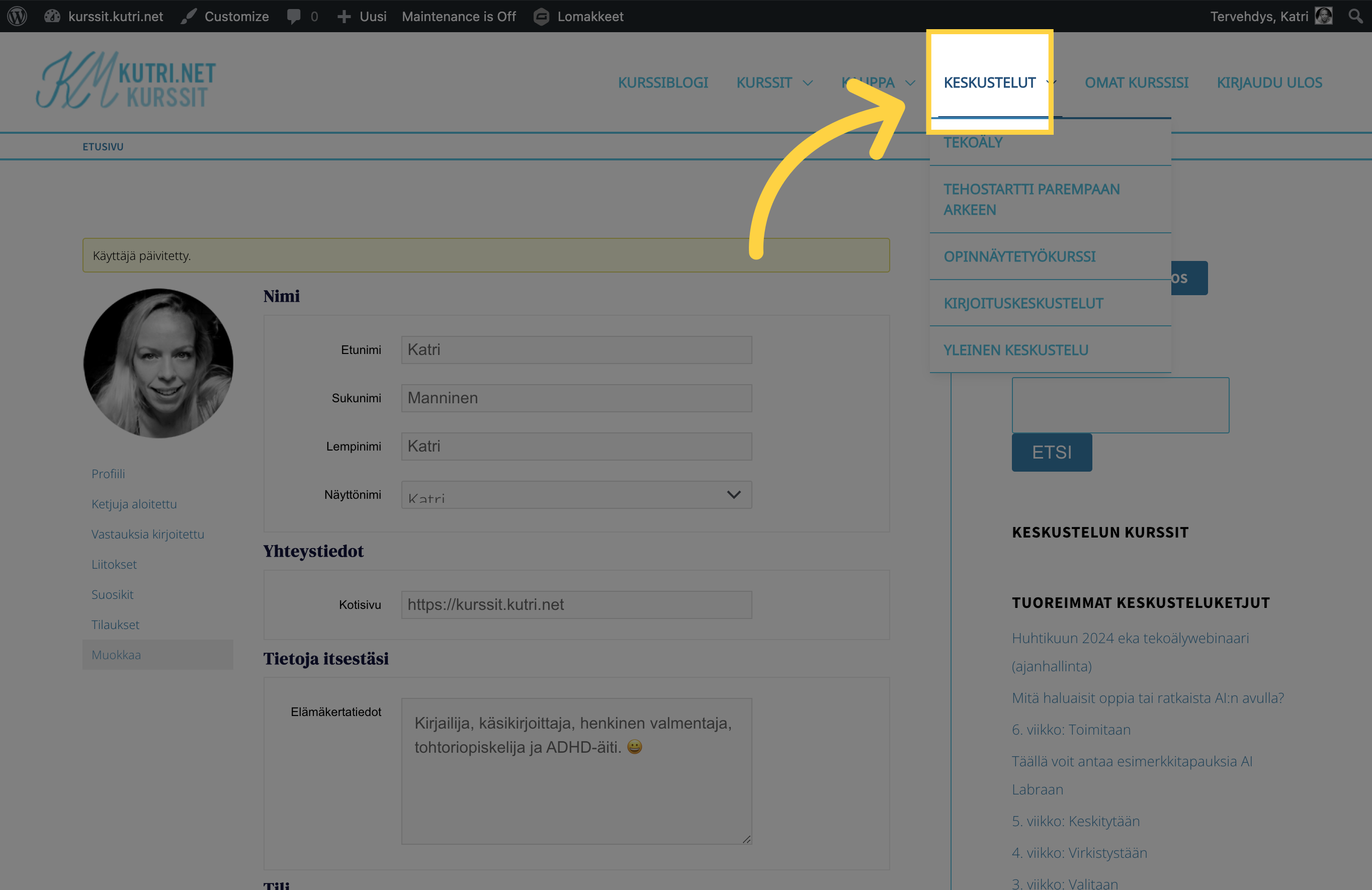 Toinen tapa löytää profiili on mennä ensin keskusteluihin