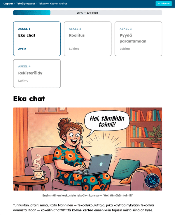 Askel-oppaan näkymä: neljä askelta ja hauska kuvitus naisesta, joka käyttää tekoälyä kannettavalla