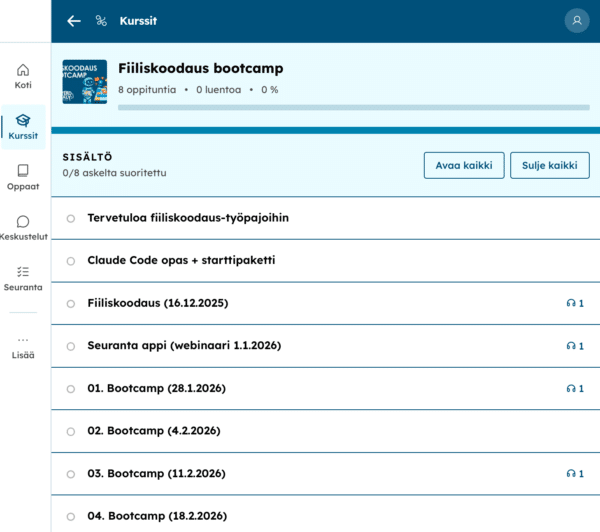 Fiiliskoodaus bootcamp -kurssin sisältönäkymä: 8 oppituntia Claude Code -oppaasta bootcamp-tallenteisiin