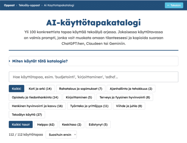 AI-käyttötapakatalogi: yli 110 käyttötapaa kategorioissa kuten koti ja arki, kirjoittaminen ja opiskelu