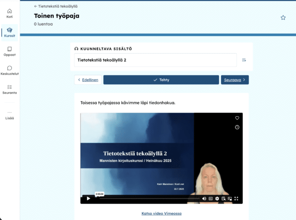 Kurssinäkymä: Katri Manninen opettaa videolla Tietotekstiä tekoälyllä -työpajassa