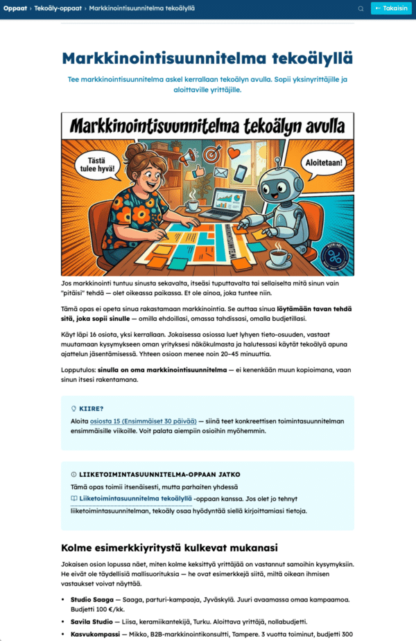 Markkinointisuunnitelma-oppaan näkymä: kuvitettu opas esimerkkiyrityksillä ja askel askeleelta -rakenteella