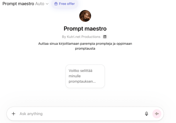 ChatGPT:n Prompt maestro -botti: Katrin profiilikuva ja kuvaus auttaa kirjoittamaan parempia prompteja