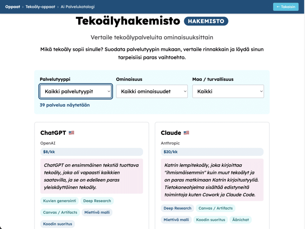 Tekoälypalveluhakemisto: ChatGPT, Claude, Gemini ja Copilot vierekkäin vertailukorteissa