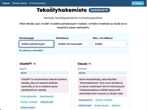 Tekoälypalveluhakemisto: ChatGPT, Claude, Gemini ja Copilot vierekkäin vertailukorteissa