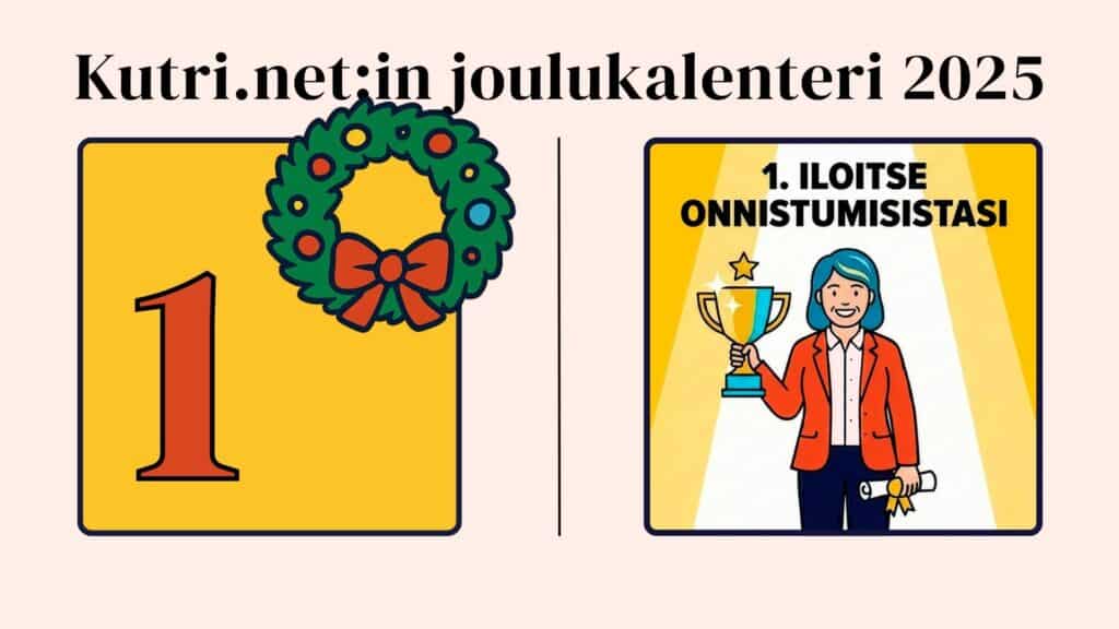 Kuvituskuvaa jossa nainen pitää iloisena pokaalia