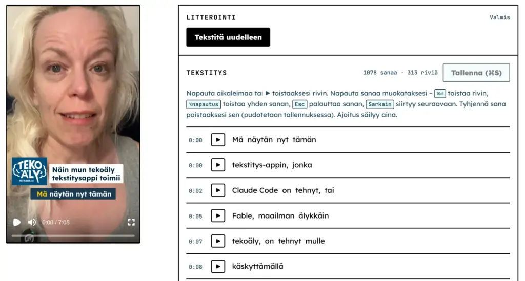 Kuva tekstityksen korjausnäkymästä.