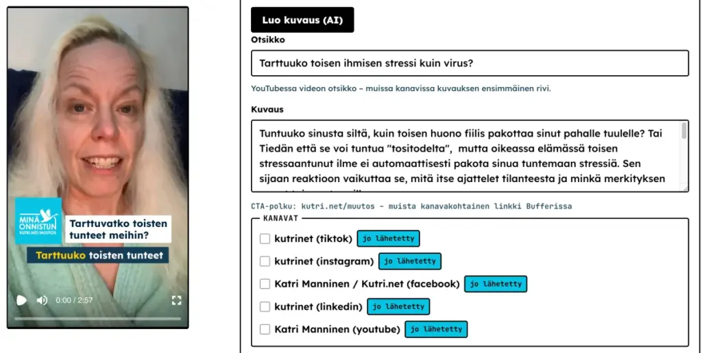 Kuva jossa näkyy tekoälytekstitysosio ja lähetystiedot.