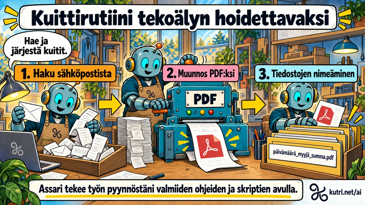 Assarin kuittipaja hakee kuitit sähköpostista, muuntaa ne PDF-tiedostoiksi ja nimeää ne päivämäärän, myyjän ja summan mukaan.