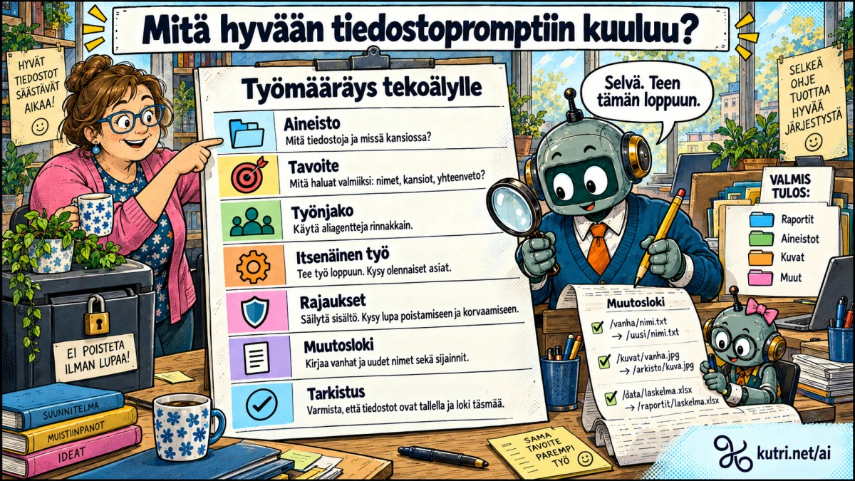 Nainen antaa roboteille työmääräyksen, jossa erotetaan aineisto, tavoite, työnjako, itsenäinen työ, rajaukset, muutosloki ja tarkistus. Lukittu silppuri muistuttaa poistamisluvan tarpeesta, ja apurobotti kirjaa vanhat ja uudet tiedostopolut.