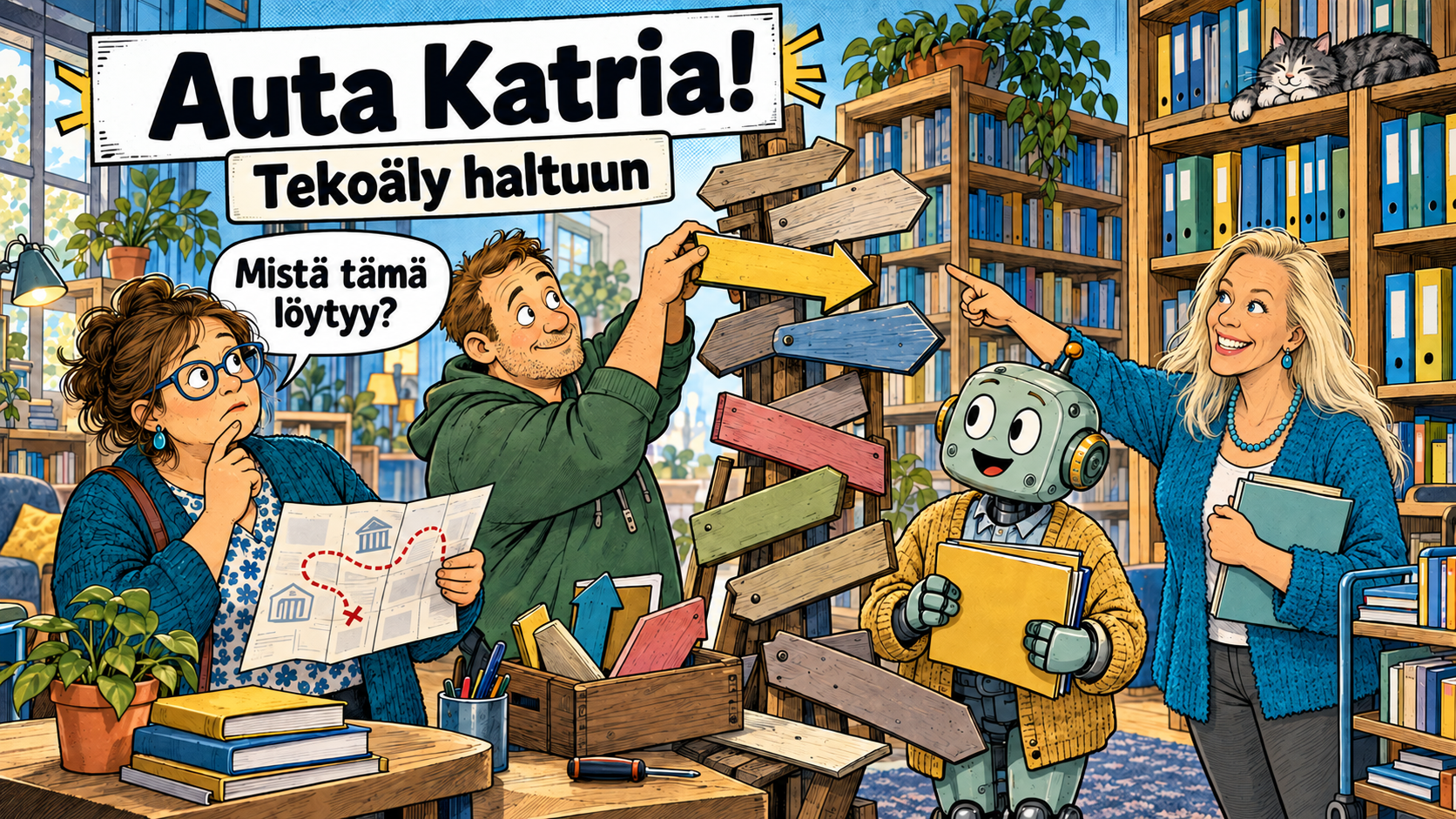 Katri, kaksi osallistujaa ja ystävällinen robotti selkeyttävät yhdessä kirjaston opasteita. Kuvassa lukee Auta Katria! Tekoäly haltuun.