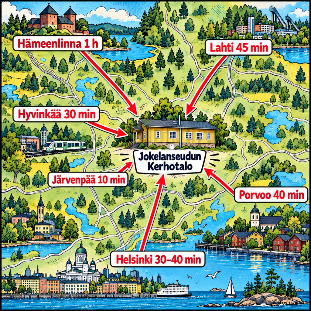 Piirroskartta Jokelanseudun kerhotalolle: Hämeenlinna 1 h, Lahti 45 min, Hyvinkää 30 min, Järvenpää 10 min, Porvoo 40 min ja Helsinki 30–40 min autolla. Kaikki nuolet osoittavat Kerhotalolle.