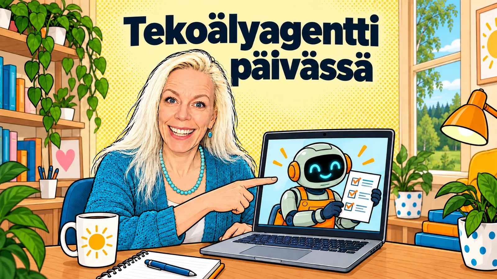 Katri Manninen osoittaa kannettavaa tietokonetta, jonka näytöllä iloinen robotti pitää tehtävälistaa. Otsikko: Tekoälyagentti päivässä.