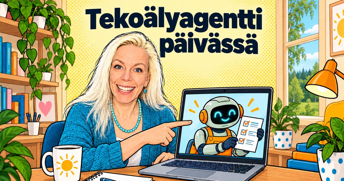 Katri Manninen osoittaa kannettavaa tietokonetta, jonka näytöllä iloinen robotti pitää tehtävälistaa. Otsikko: Tekoälyagentti päivässä.