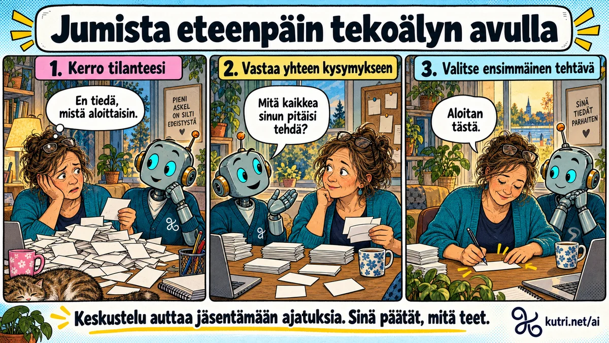 Kolmiosainen sarjakuva: ihminen kertoo jumituksesta, vastaa tekoälyn kysymykseen ja valitsee itse ensimmäisen tehtävän.