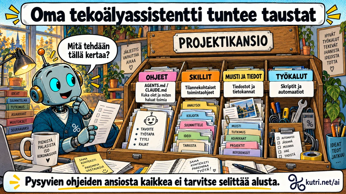 Robottiassistentin projektikansiossa ovat ohjeet, skillit, muisti ja tiedot sekä työkalut. Pysyvä tausta vähentää samojen asioiden selittämistä.
