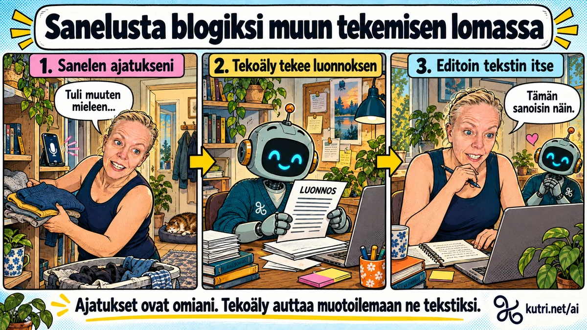 Katri sanelee ajatuksiaan järjestellessään kotia, robotti muotoilee niistä blogiluonnoksen ja Katri editoi tekstin itse.