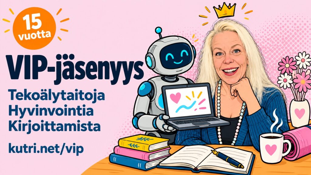 VIP-jäsenyys 15 vuotta: piirroskuva Katri Mannisesta kruunu päänsä yllä ja robotti kannettavan tietokoneen kanssa. Tekstit: Tekoälytaitoja, Hyvinvointia, Kirjoittamista, kutri.net/vip.